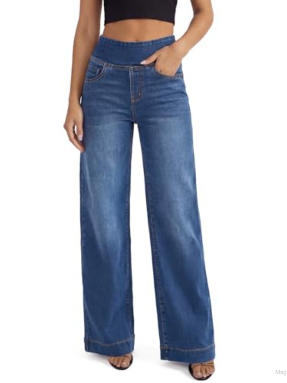 High Waisted Wide Leg Pull-On Jeans with Pockets for Women Stretchy Cotton Denim